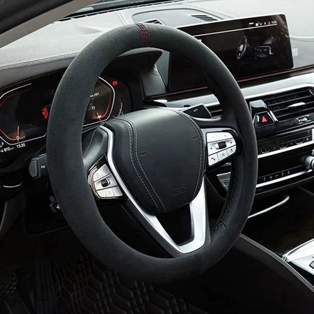 Car Steering Wheel Covers Cowhide Suede Steering Wheel Cover Wrap Universal 37-38Cm Breathable Steering Covers Car Accessories